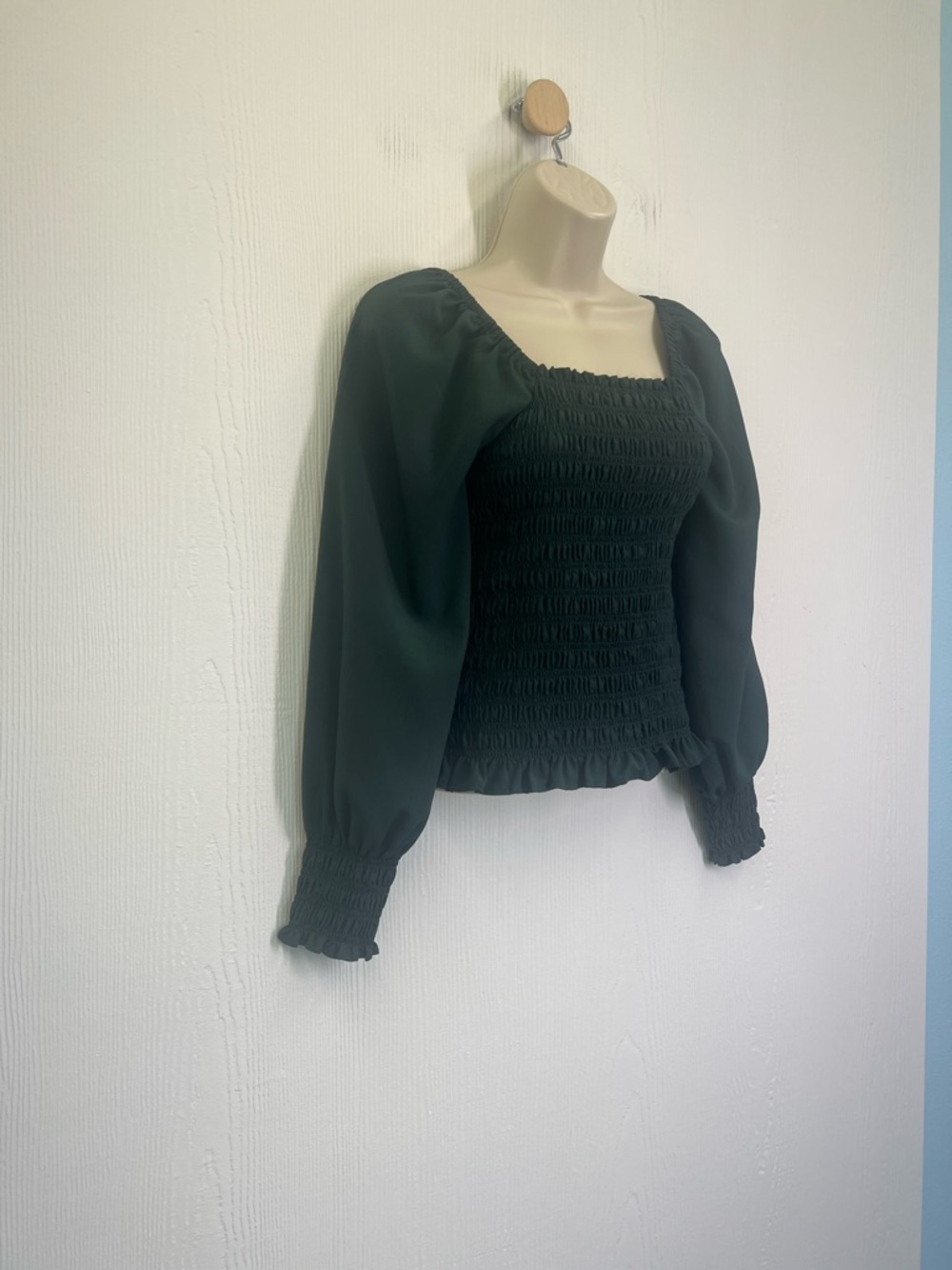 Madewell - Lucie Smocked Bubble Long Sleeve Hunter Green Blouse Size XXS - Picture 3 of 9